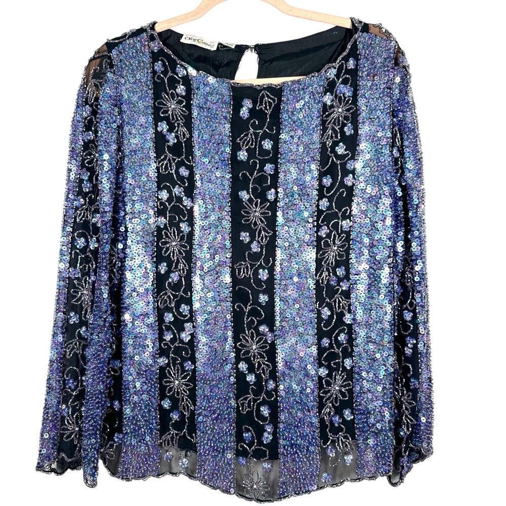 OLEG CASSINI Vintage Silk Beaded Sequin Top Blue Black Glam Dressy Floral Formal